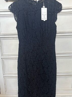 MEROKEETY Navy Lace Dress Midi Elegant Wedding Guest Cocktail Size M NWT